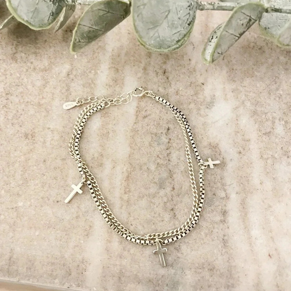 925 Sterling Silver Box Chain Bracelet Dangle Cross Bracelet Dainty Bracelet - Picture 5 of 5